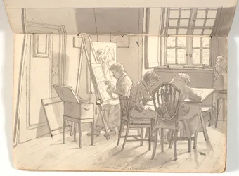 Interior de la academia con artistas pintando y dibujando
