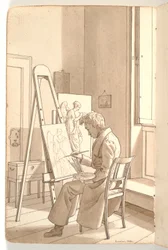 Interior de la academia con joven artista pintando en el caballete