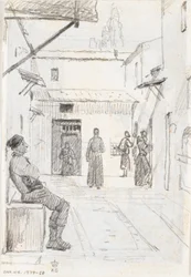 Calle italiana con pescador al fondo