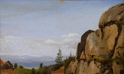 Paisaje noruego con rocas en primer plano