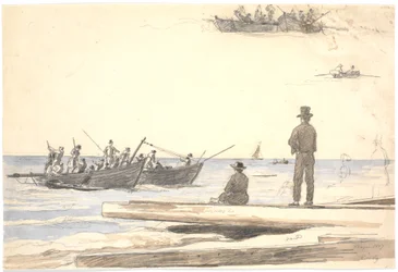 Dos barcos pesqueros navegando hacia la playa de Skagen