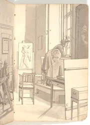 Interior de la academia con jóvenes artistas dibujando