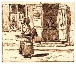Escena callejera italiana (?) con mujer con cestas