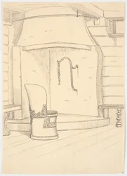 Chimenea y silla de madera redonda con respaldo