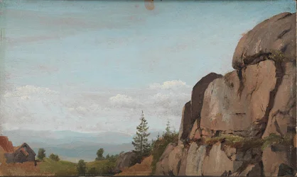 Paisaje noruego con rocas en primer plano