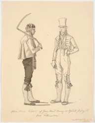 Campesino de pie con guadaña y campesino en traje de gala