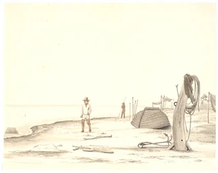 Paisaje de playa con bote invertido y dos pescadores