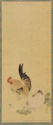 Gallo, gallina y pollito, período Edo, siglo XVIII