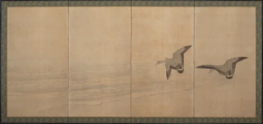 Gansos sobre una playa, período Edo, siglo XVIII