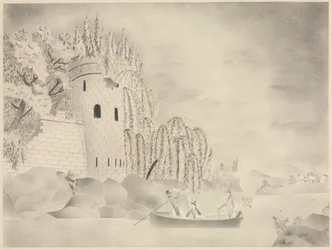 La Torre Solitaria (Castillo sobre un río con sauces y una barca)