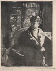 Tejiendo en la biblioteca, c. 1881