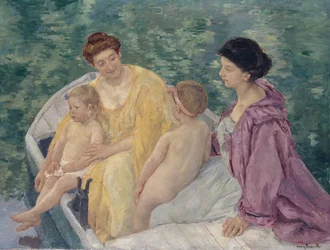 Le Bain Dos madres y sus hijos en un bote