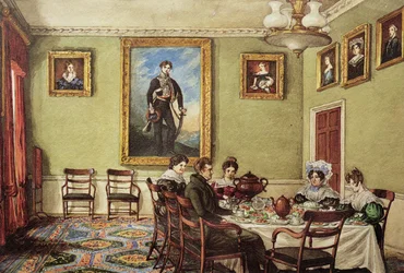 Comedor en Langton Hall, familia en el desayuno, c.1832-3