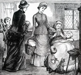 Una mujer dando regalos a un campesino pobre. Por Mary Ellen Edwards (1838-1934) una artista inglesa