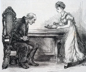 Una mujer dando una cena caliente al barrendero. Por Mary Ellen Edwards (1838-1934) una artista inglesa