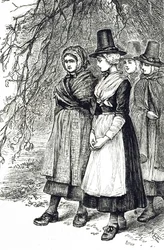 Un grabado que representa a chicas galesas en una feria de Hollantide, una feria de contratación, esperando ser contratadas como sirvientas domésticas