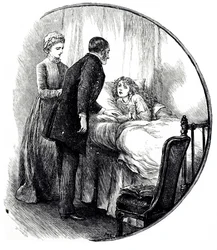 Un grabado que representa a un médico visitando a su joven paciente en casa