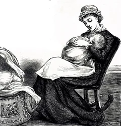Un grabado que representa a una madre meciendo a su bebé. Ilustrado por Mary Ellen Edwards (1838-1934) una artista inglesa y prolífica ilustradora de libros infantiles