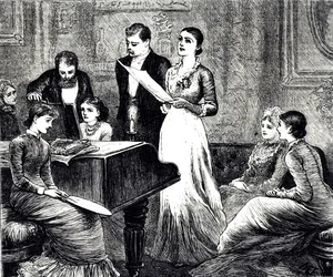 Grabado que representa una velada musical. Ilustrado por Mary Ellen Edwards (1838-1934), una artista e ilustradora inglesa de libros infantiles