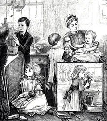 Un grabado que representa una escena regular de una familia victoriana adinerada. En la imagen principal, los niños son vigilados por su niñera mientras juegan con bloques de construcción. La imagen insertada muestra a una niña pequeña colocando una planta