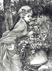 Grabado de una niña oliendo flores en una urna de jardín