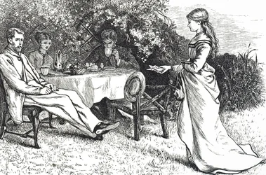 Ilustración que representa a una familia desayunando en el jardín