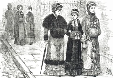 Ilustración que representa a mujeres jóvenes con manguitos, para mantener sus manos calientes durante el clima frío