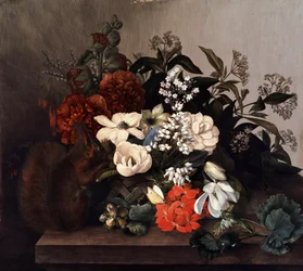 Naturaleza muerta con ardilla y geranios. Pintura de Mary Lawrence (nacida en el siglo XVIII) Colección particular.