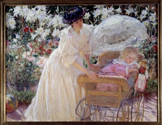 Rosa y lirio Una madre y su pequeña hija en un cochecito en un jardín de flores. Pintura de Mary Mac Monnies (1858-1946) 1897 Rouen, Museo de Bellas Artes