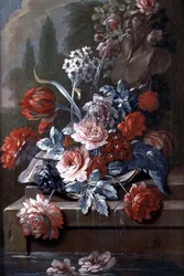 Bodegón de flores junto a una fuente