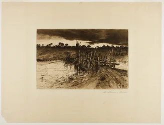 Paisaje con molino y un puente de madera