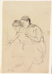 Bebé tocando una tina con la mano izquierda, sostenida por su niñera, c.1891