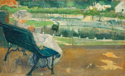 Lydia sentada en un porche, tejiendo, c.1881