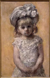Retrato de niña con vestido de encaje. Retrato de una niña pequeña en un vestido blanco que parece triste. Pintura de la americana Mary Cassatt (1844-1926)
