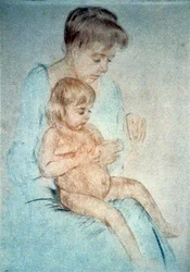 Mujer con un niño desnudo en el regazo mientras se hace la manicura, c1904. Pastel. Mary Cassatt (1844-1926) Pintora y grabadora estadounidense que desde 1866 vivió principalmente en Francia. Madre e hijo