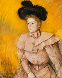 Mujer con sombrero negro y traje rosa frambuesa, c. 1899