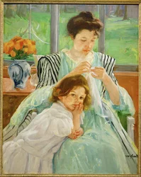 Joven madre cosiendo (pintura sobre lienzo)