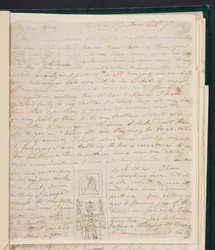 Elizabeth Gwillim en su escritorio, esbozo en una carta a Hester James, 7 de febrero de 1802 (tinta sobre papel)
