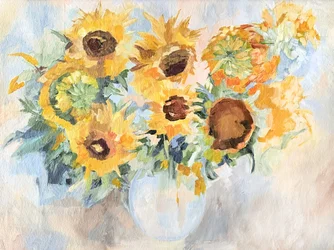 Naturaleza muerta con girasoles de colores vivos