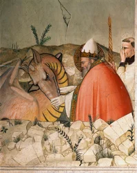 Episodios de la vida de Nochevieja: El Papa San Silvestre I (Silvestro) (314-335) cierra la boca del dragón. (detalle)
