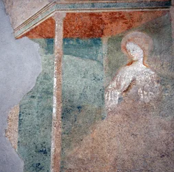 Fresco de Masolino da Panicale en el Baptisterio de Castiglione, detalle de la Anunciación (2)