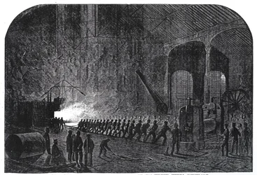 Proceso de laminado de placas de armadura para los barcos de Su Majestad en las Acerías de Alas, Sheffield, ilustración de 