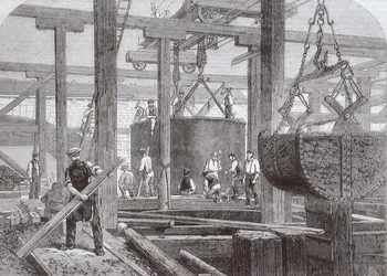 Vista de los trabajos de construcción en el Puente de Blackfriars para el ferrocarril de Londres, Chatham y Dover mostrando el hundimiento de un cilindro para uno de los pilares de piedra circulares