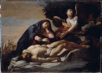 Lamentación sobre el cuerpo de Cristo. Pintura de Massimo Stanzione (alrededor de 1585-alrededor de 1658), óleo sobre lienzo, mediados del siglo XVII, arte italiano, arte barroco. Museo de Historia y Arte, Zhytomyr (Ucrania)