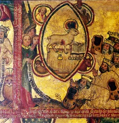 El Cordero, sosteniendo el libro de los Siete Sellos, adorado por los Ancianos, siglos XIV-XV