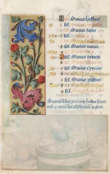 Panel de flores con acanto, rosa y oruga, de las Horas de Luis XII, 1498-99