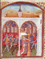 Asesinato de un rey en miniatura tomado de “Casos de infortunios de hombres y mujeres nobles” (De casibus) de Giovanni Boccaccio, traducido por Laurent de Premierfait e iluminado por el maestro de Dunois (siglo XV)