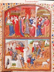 Prólogo: el autor presenta su libro al Duque de Berry y escena de la masacre de labradores. Miniatura tomada de "Casos de hombres y mujeres nobles infortunados" (De casibus) de Giovanni Boccaccio, escritor italiano, traducido por La