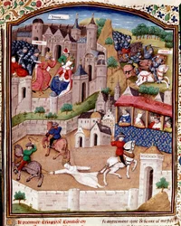 El tormento de Brunehaut La reina merovingia Brunehilde (543-613) es arrastrada por tres caballos por orden del rey Clotario - Miniatura tomada de “Casos de hombres y mujeres nobles desafortunados” (De casibus) de Giovanni Boccaccio, llamado Jean Boccaccio