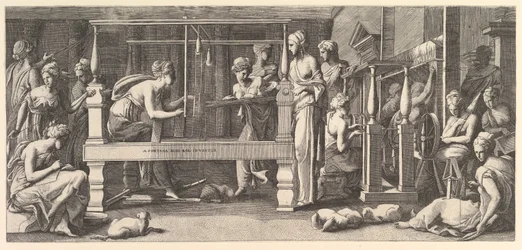 Mujeres hilando, tejiendo y cosiendo, 1540-50